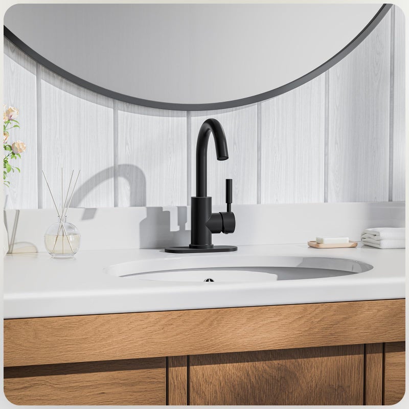 Phiestina Single Hole Matte Black Single-Handle High-Arc Stainless Steel Faucet for Pre-Kitchen Sink/Bar Sink/Bathroom Sink, with 4 Inch Deck Plate and Supply Hoses, Matte Black, WE08E-MB - Image 2